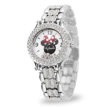 Imagem de Relógio feminino Minnie Mouse Glitz – Relógios femininos elegantes da Minnie Mouse, relógio perfeito, relógios elegantes com detalhes brilhantes – pulseira de aço inoxidável e moldura brilhante, Prata