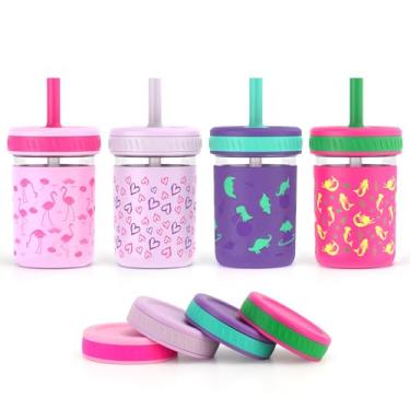 Imagem de Sursip Copos infantis infantis com canudo à prova de derramamento - Frasco de vidro de 227 g com tampas Smoothie Snack Water Sippy Cup Criança 1-3