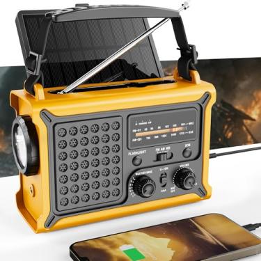 Imagem de Rádio meteorológico de emergência com energia solar e manivela – AM/FM/NOAA, lanterna de LED, luz de leitura, carregamento USB e SOS – Equipamento de sobrevivência para quedas de energia e tempestades