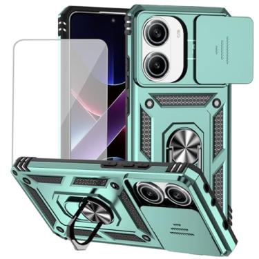 Imagem de Yodueiv Capa para Poco X7 Pro 5G com protetor de tela de vidro temperado e capa de câmera deslizante, anel magnético suporte suporte de carro capa protetora para Xiaomi Poco X7 Pro 5G verde