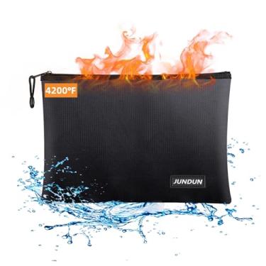 Imagem de JUNDUN Sacos de documentos à prova de fogo, bolsa de dinheiro à prova d'água e à prova de fogo, bolsa de armazenamento segura à prova de fogo com zíper para suporte de documentos A4, arquivo, dinheiro