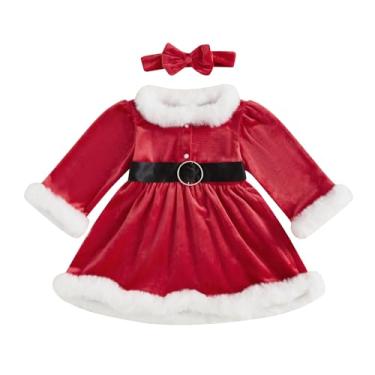 Imagem de Frietlebird Vestido infantil de Natal para meninas, vestido de Papai Noel, manga comprida, princesa, festa, lindo traje de Natal, Vermelho A, 12-18 Months
