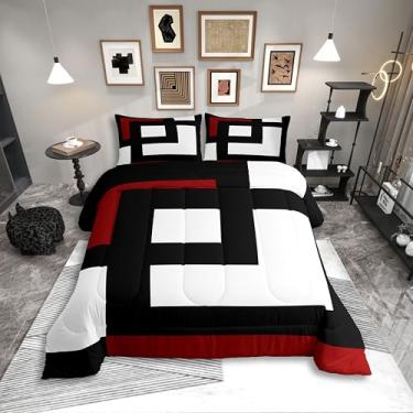 Imagem de Erosebridal Conjunto de cama listrado vermelho, preto e branco, tamanho casal, geométrico, quadrado, abstrato, para adultos, mulheres, homens, listras, geométricas, linhas ousadas, conjunto de cama