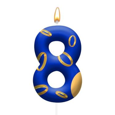 Imagem de Velas de bolo de aniversário – velas azuis e douradas com desenhos vibrantes para meninos e meninas, decorações temáticas de festa de aniversário, topos de bolo para festas temáticas (número 8)