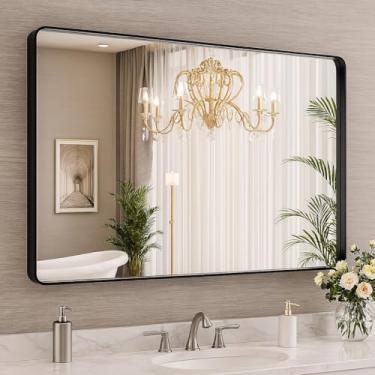 Imagem de miroro Espelho emoldurado de metal preto de 102 x 61 cm para parede, espelho retangular arredondado grande, antiferrugem, vidro temperado, pendurado horizontal ou verticalmente