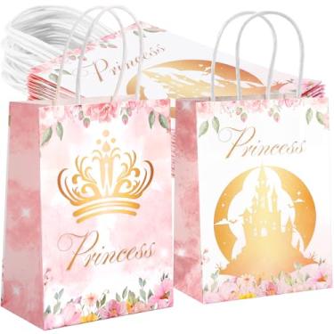 Imagem de Loccmat 16 peças de sacolas de lembrancinhas de princesa, 15 x 20 x 8 cm, sacolas de presente de princesa com alça, bolsa de presente de papel de castelo e coroa, bolsa de doces para festa de