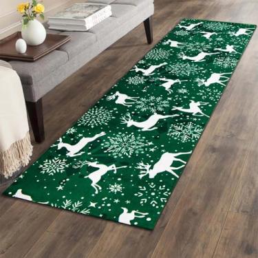 Imagem de Asrug Tapete verde de Natal - 2x8 rena lavável tapete de corredor antiderrapante tapetes de arremesso de diamante floco de neve acento de pilha baixa tapete pequeno para quarto sala de estar decoração de lavanderia