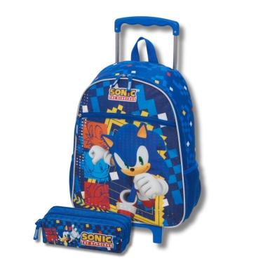 Imagem de Kit Mochila Escolar Rodinhas Sonic Kids Estojo Duplo Meninos