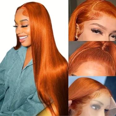 Imagem de Fiumer Peruca de gengibre de cabelo humano 33 x 10 cm liso gengibre laranja peruca frontal de cabelo humano HD transparente lace frontal 350 peruca de cabelo colorido pré-arrancada com cabelo de bebê