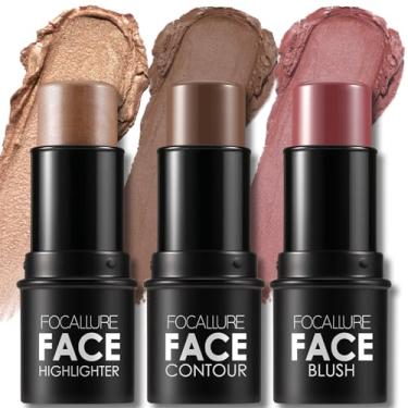 Imagem de FOCALLURE 3 palitos de contorno de creme, tons com iluminador, bronzeador e blush, caneta de contorno facial de longa duração não oleosa, fácil de esculpir o rosto e criar uma maquiagem de acabamento