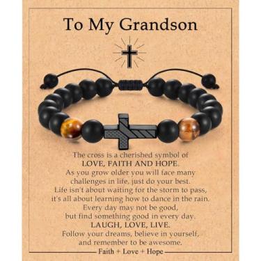 Imagem de Pulseira para neto presente da vovó, To My Grandson, pulseira de cruz para meninos, homens, adolescentes 8-10-12-14-16-18 anos menino aniversário natal dia dos namorados Páscoa batismo formatura