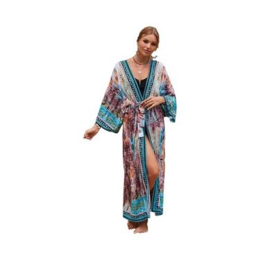 Imagem de Kimono Colorido Para Mulheres, Saída De Praia, Robe Longo Para Piscina