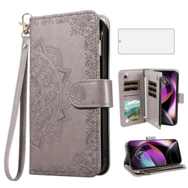 Imagem de Asuwish Capa para celular Motorola Moto G 5G 2022 com protetor de tela de vidro temperado e flor flip porta-cartão de crédito com suporte para MotoG 5 G G5G 2022 XT2213-3 XT2213-2 feminino cinza