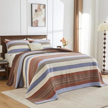 Imagem de Colchas King extragrandes 120 x 120 - Conjunto de colcha California King, edredom fino leve, 3 peças, moderno, listrado, patchwork, reversível, acolchoado, 100% algodão, Cal King, multicor