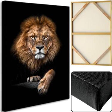 Imagem de Quadro Leao Cores Vivas Grande 60x90 Tela Madeira e Tecido Borda Infin