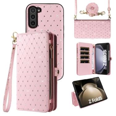 Imagem de Capa de celular para Samsung Galaxy Z Fold 5 5G 2023 com zíper carteira destacável com alça transversal com alça de cordão brilhante flip compartimento para cartão ZFold5 Z5 G Fold5 5Z mulheres homens