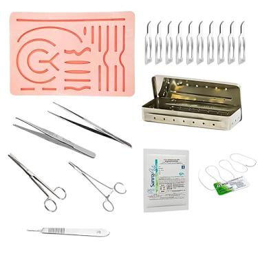 Imagem de Kit Cirúrgico para Dissecação e Sutura, 10 Peças, com Tesoura, Pinças, Porta Agulha, Cabo de Bisturi e Simulador de Pele