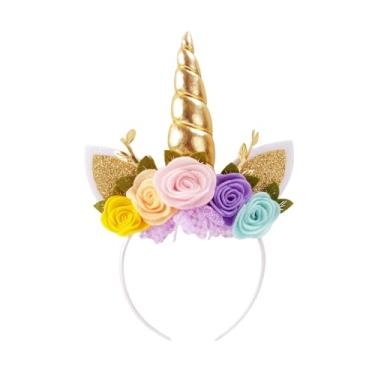 Imagem de Nishine Tiara de unicórnio, flores não tecidas, orelhas de gato, tiara de cabeça de pônei, chifre com glitter para cosplay, suprimentos de festa de unicórnio (dourado, rosa)