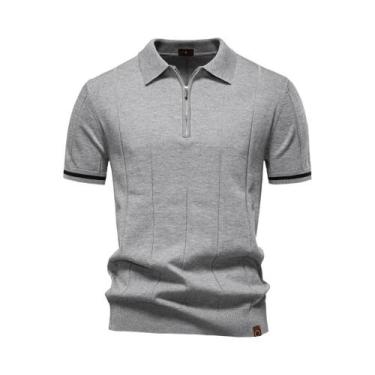 Imagem de Camisa Polo Esportiva Masculina Slim Fit De Cor Sólida Com Zíper AIOPE