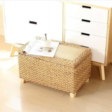 Imagem de Otomano De Armazenamento De Junco-marinho Tecido, Otomano De Armazenamento De Rattan Rústico, Puff De Pé De Vime Feito à Mão Com Armazenamento, Fim Da Cam, Natural Small, 50x30x30cm(20x12x12inch)