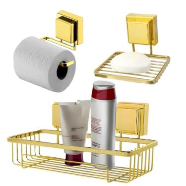Imagem de Kit Banheiro Suporte Porta Shampoo Papel Higiênico Saboneteira Ventosa Dourado - Future
