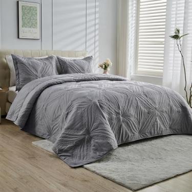 Imagem de Kingnex Colchas King extragrandes 128 x 120 para cama king grande ou cama king-size ultra-sônica acolchoada conjunto de 3 peças inclui 1 colcha extra larga 2 fronhas cinza