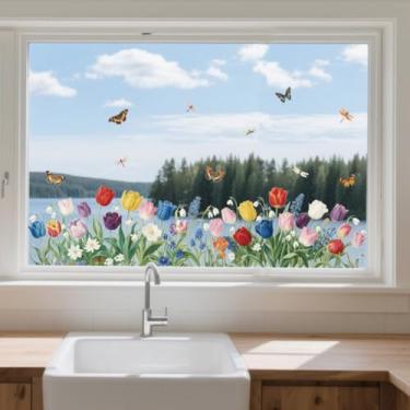 Imagem de ANATTASOUL Adesivos de janela estática de flores, tulipas e borboletas, 1 folha reutilizável para vidro, adesivo removível de janela dupla face de 120 cm x 30 cm para decoração de quarto, escritório