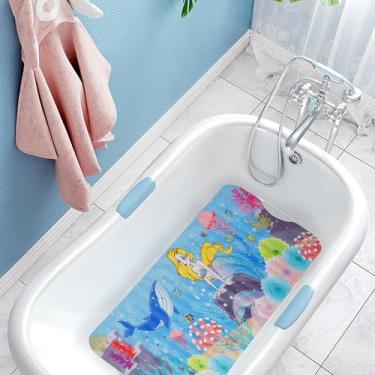 Imagem de Tapete de banho de bebê para banheira infantil, antiderrapante, extralongo, 101,6 cm, com ventosas, orifícios de drenagem, desenho fofo, PVC, lavável na máquina para banheiro (A Pequena Sereia)