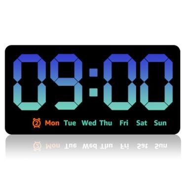Imagem de Relógio de parede digital com visor grande de 21 cm, relógio de LED com data e semana, alarme duplo, 3 níveis de brilho, ajustável, relógio de parede para sala de estar, quarto, escritório, sem