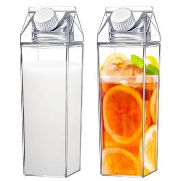 Imagem de KHZSPP Garrafa de 2 peças, garrafa de água em forma de caixa de leite, 1000 ml, garrafas de leite quadradas de plástico, à prova de vazamento, garrafa de suco reutilizável portátil para academia