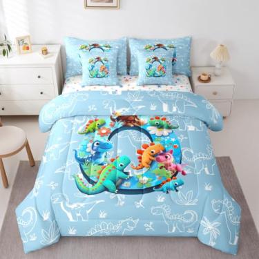Imagem de Erosebridal Conjunto de cama solteiro com letra O, dinossauro, 7 peças, dinossauro, 3D, com lençol com lençol com lençol com estampa de dinossauro, para crianças e adultos, conjunto de cama para