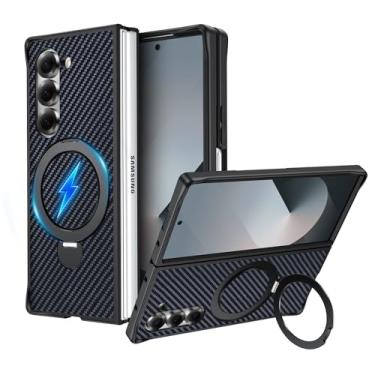Imagem de CMYFUTNG Capa magnética para Samsung Galaxy Z Fold 6 com suporte de anel, textura de fibra de carbono, proteção de grau militar, leve, proteção contra quedas de ajuste fino, resistente à prova de