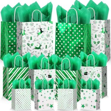 Imagem de Humyoun Pacote com 12 sacos de presente de Natal a granel tamanhos variados sacos de papel para embrulho 6 pequenos 16,5 cm, 6 médios 24,4 cm, 6 grandes 33 cm com papel de seda para aniversários, chás