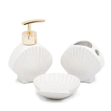 Imagem de Kit Jogo De Banheiro Lavabo CerâMica Porta Escova Porta Sabonete Liquido Saboneteira 3 PeçAs(Branco)