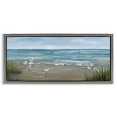 Imagem de Stupell Industries Arte de parede em tela flutuante com moldura cinza Sandpiper View on Beach, design por Nan, 35,5 x 78,5 cm