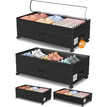 Imagem de LeArex Armazenamento sob a cama com rodas, pacote com 2 organizadores de armazenamento de sapatos embaixo da cama, armazenamento ajustável de 19 a 27 cm de altura para embaixo da cama com tampas