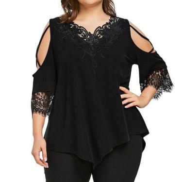 Imagem de Camiseta feminina de tamanho grande com renda fora do ombro blusa casu