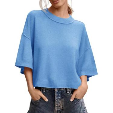 Imagem de Suéter Saodimallsu feminino de manga curta, malha azul