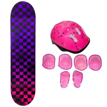 Imagem de Skate Infantil 50 Kg Xadrez + Kit Proteção Estrela Rosa
