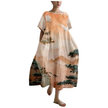 Imagem de Vestido casual MARSVOVO feminino, arte japonesa, laranja, algodão, lin