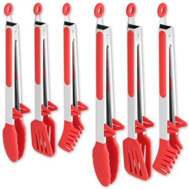 Imagem de KHZSPP Conjunto de 6 pinças de silicone para cozinhar, pinças de cozinha de aço inoxidável com pontas de silicone, utensílios de servir para torta de bife, pizza, macarrão, espaguete, salada