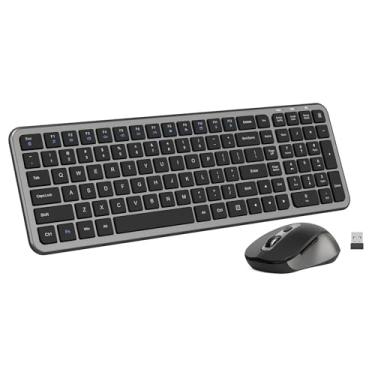 Imagem de Teclado e mouse silenciosos, teclado de computador sem fio de tamanho completo com botão calculadora, mouse de 2400 DPI, clique silencioso, kit USB sem fio ultrafino para laptops, Windows Mac - cinza