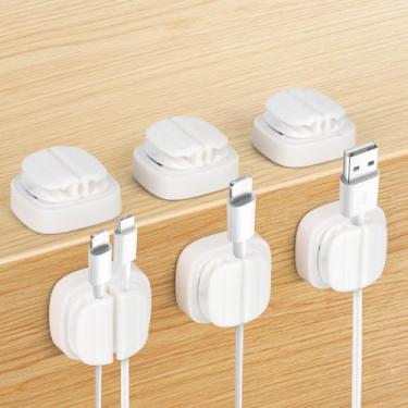 Imagem de 6 organizadores de cabos, clipes de mola ajustáveis, clipes de gerenciamento de adesivos, organizador de fios 3 em 1, suporte para carregador, cabo USB, casa, escritório, carro, parede, mesa, telefone