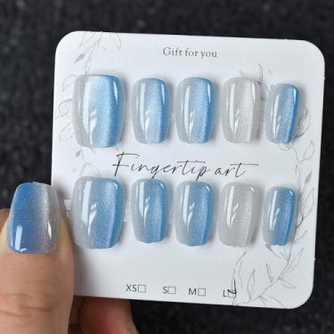 Imagem de Pregos de pressão de olho de gato 3D curtos, unhas falsas de gel macio, unhas de pressão azul ombré, unhas adesivas reutilizáveis para mulheres e meninas, kit de cola gelatinosa nas unhas, 30 peças