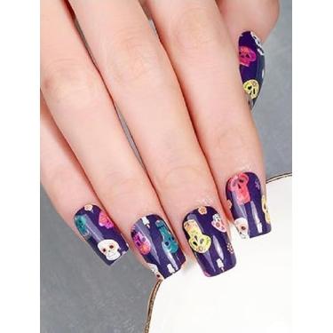 Imagem de 2 folhas de adesivos de unhas de gel com luz noturna de Halloween crânio fantasma escuro semicurado tiras de gel top coat (ZE-0923)