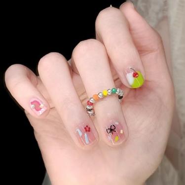 Imagem de Kit de unhas de pressão quadrado curto bonito cola falsa conjunto de unhas com design de laço simples cobertura completa bastão falso artificial em unha de acrílico para mulheres 24 peças