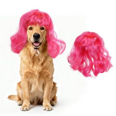 Imagem de Miayon Peruca de cabelo longo encaracolado para cães pequenos, médios e grandes, fantasias de Halloween de Natal (rosa)