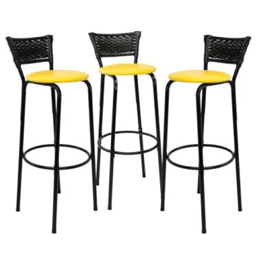 Imagem de Kit 3 Banquetas Altas 80cm Estrutura Preta Encosto Junco Preto Ideal Bancada Cozinha Americana Bares Balcão Ilha Área Gourmet Piscina Itagold (Assento Amarelo)