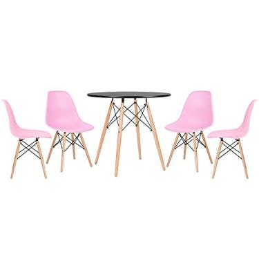 Imagem de Loft7, Mesa redonda Eames 80 cm preto + 4 cadeiras Eiffel DSW Rosa claro
