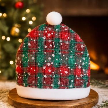 Imagem de Capa traseira de assento de carro de Natal decoração de cadeira de chapéu de Papai Noel, capa de encosto de cabeça festiva com design de floco de neve e pompom (verde)